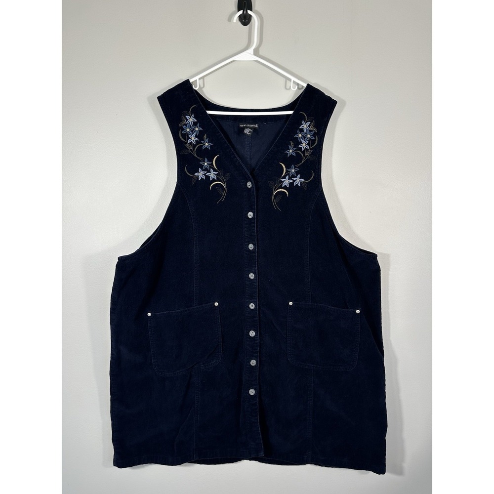 Vtg Eric Charles Pinafore Dress Womens 3X Blue Corduroy Cottage Jumper 90s
